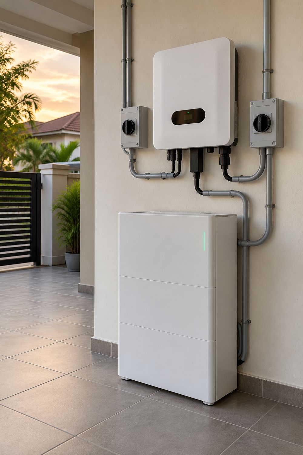 Home battery next to an inverter in a car porch
