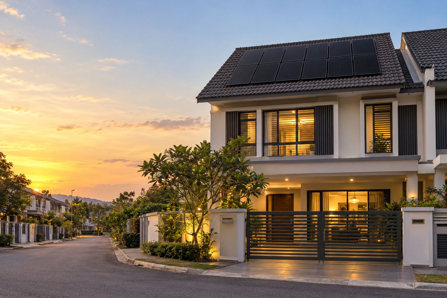 Terrace house with solar panels on the roof at sunset