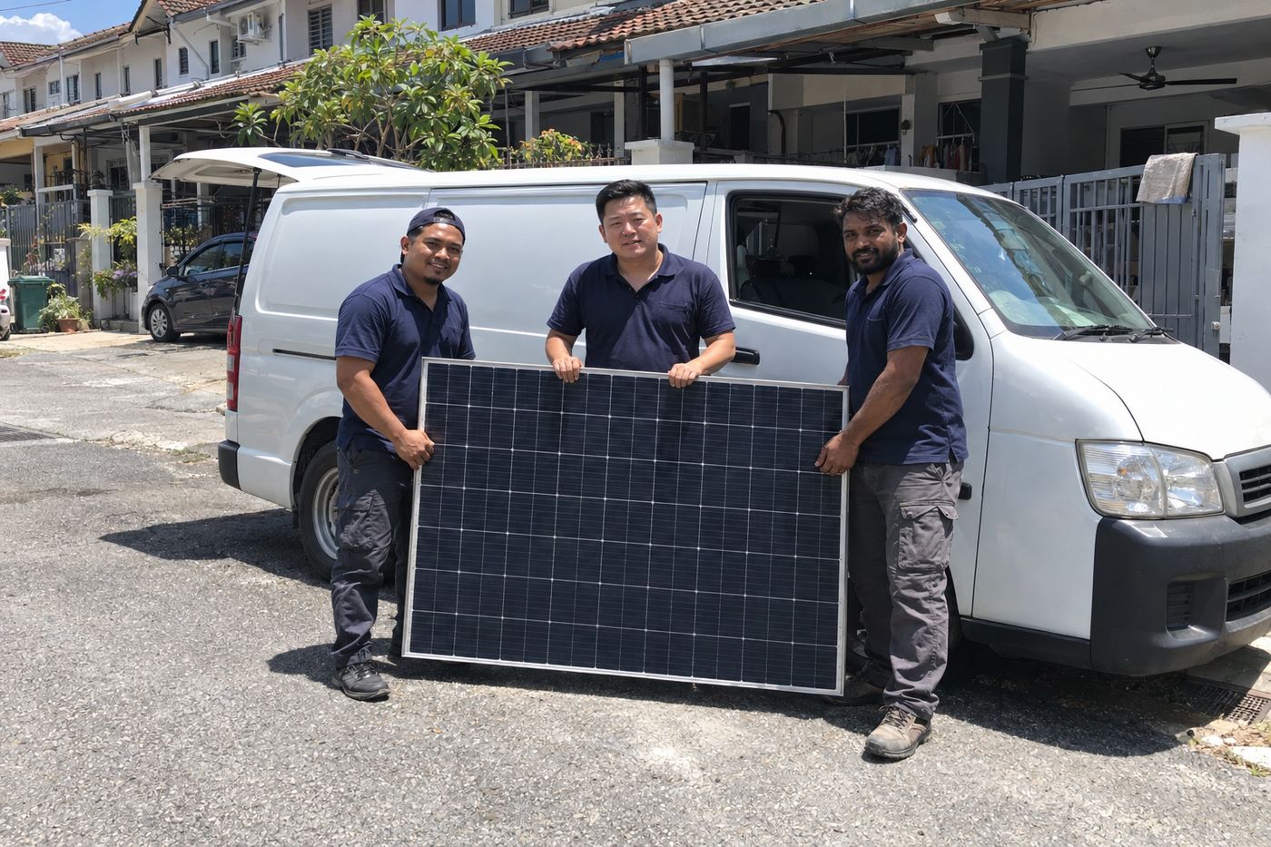 Installer crew holding a solar panel outside a terrace house