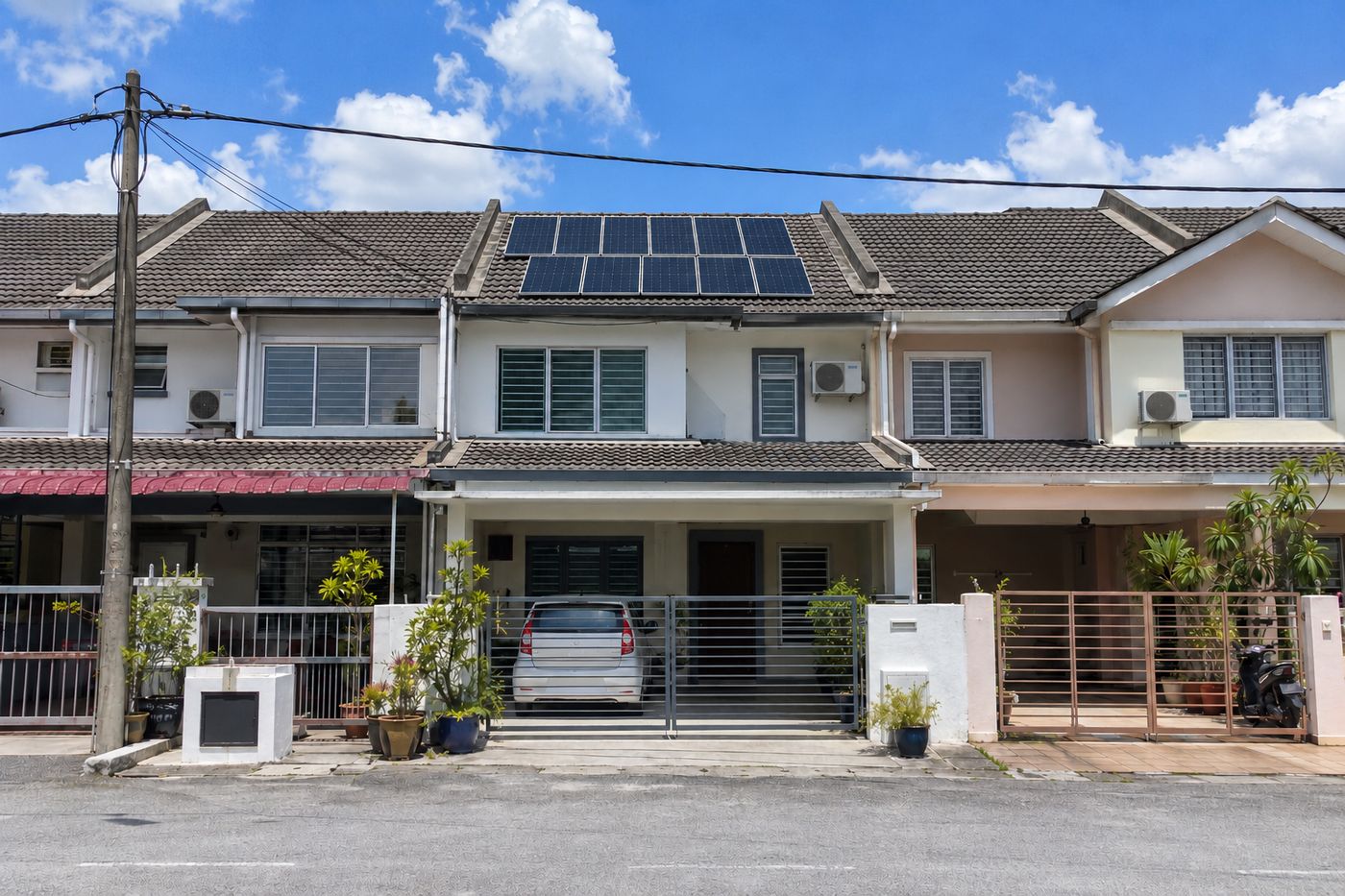 Terrace house with solar panels